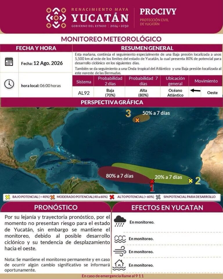 Protección Civil mantiene bajo vigilancia una zona de baja presión rumbo al Atlántico